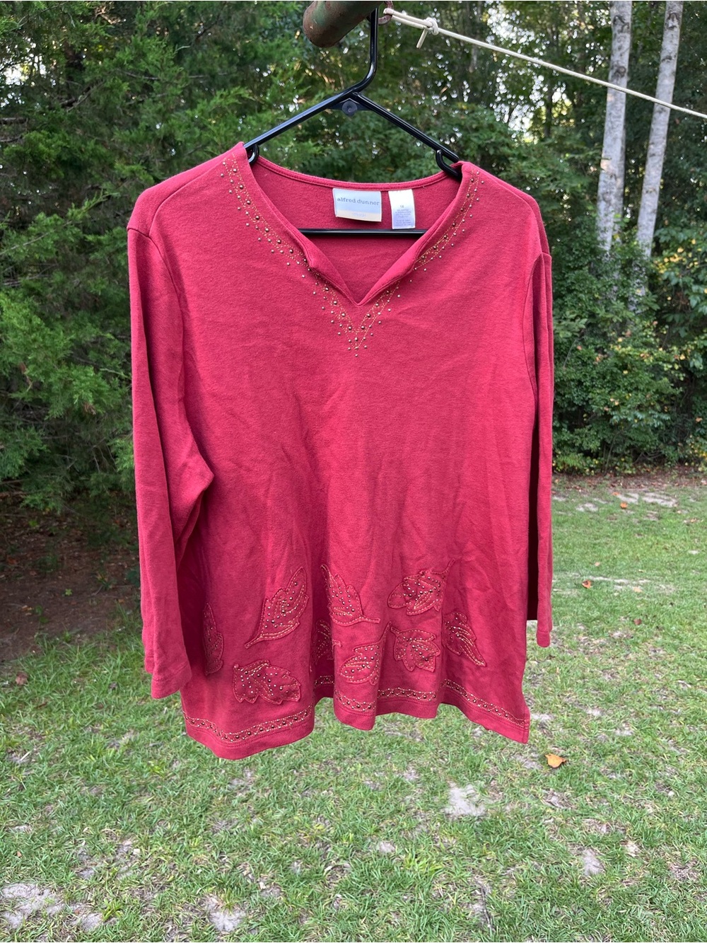 Alfred Dunner Fall Beaded V-Notch Long-Sleeve Top